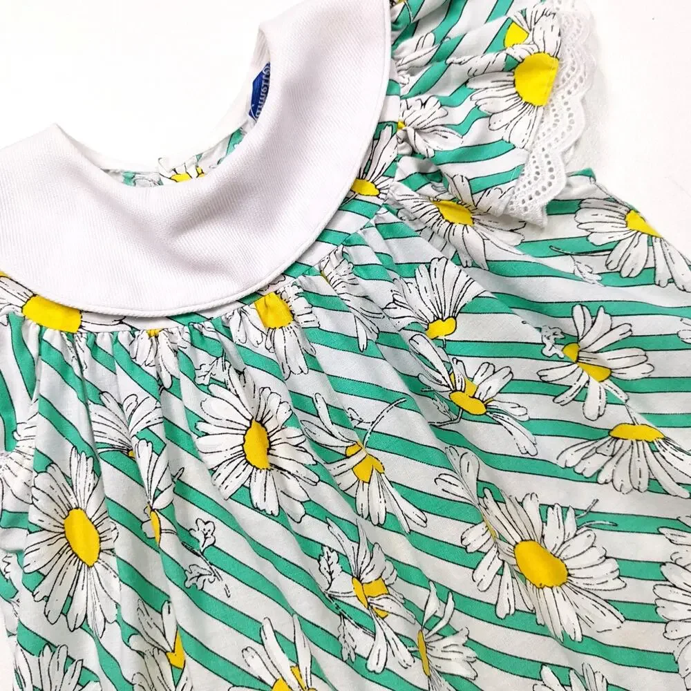 Vintage Nannette Dress Girls Size 4T Green Daisy Floral Flutter Sleeve Sundress